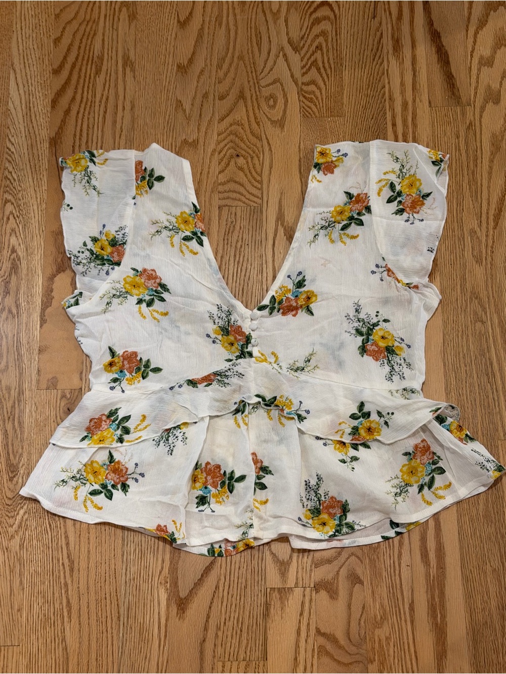 O'Neill White Floral V-Neck Ruffle Peplum Top